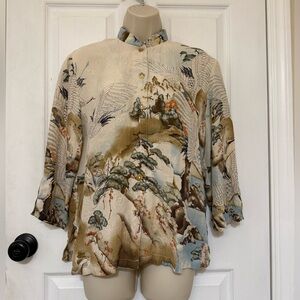 Citron Santa Monica Silk Crane Landscape Tunic Top S Art to Wear